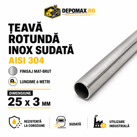 Teava rotunda inox sudata AISI 304, 25 x 3 mm, 6 metri